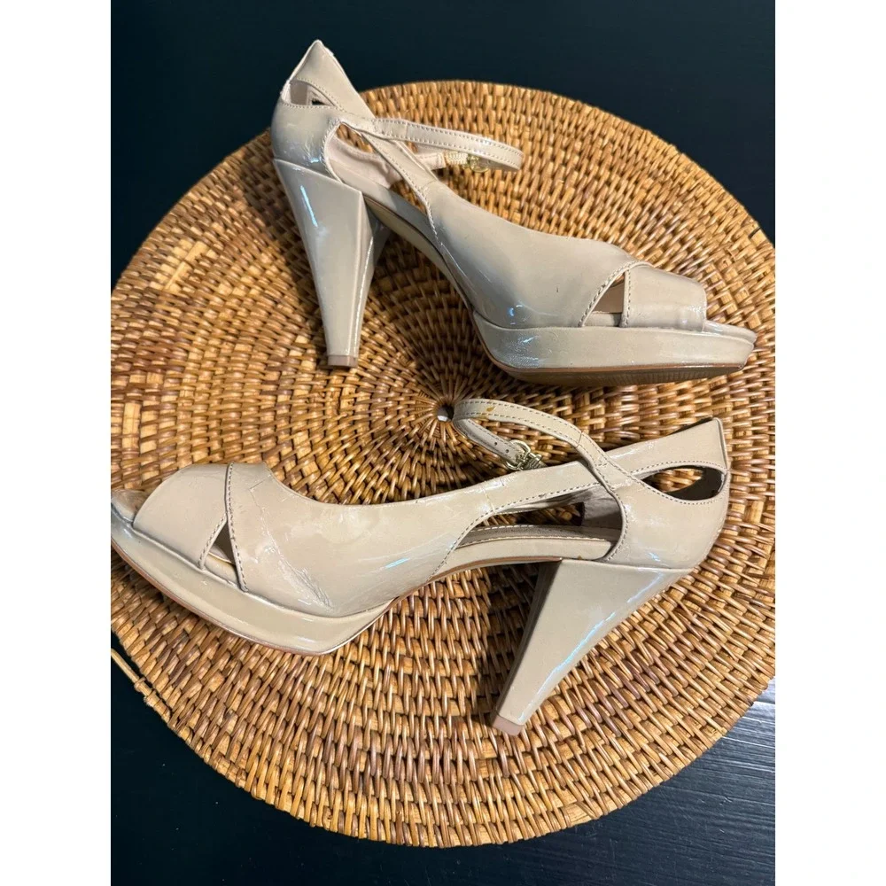 Franco Sarto Nude Patent Peep Toe Platform Heels Ankle Strap Pumps Size 8.5M